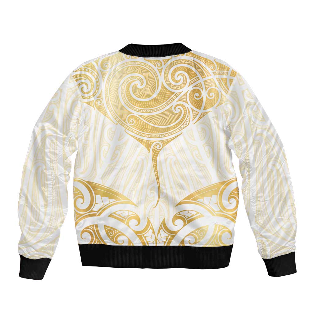 Gold White New Zealand Manta Ray Sleeve Zip Bomber Jacket Aotearoa Maori Haehae - Aussie Hoodie