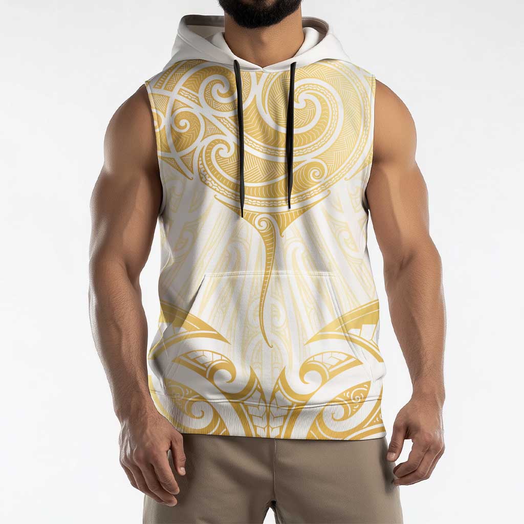 Gold White New Zealand Manta Ray Sleeveless Hoodie Aotearoa Maori Haehae - Aussie Hoodie