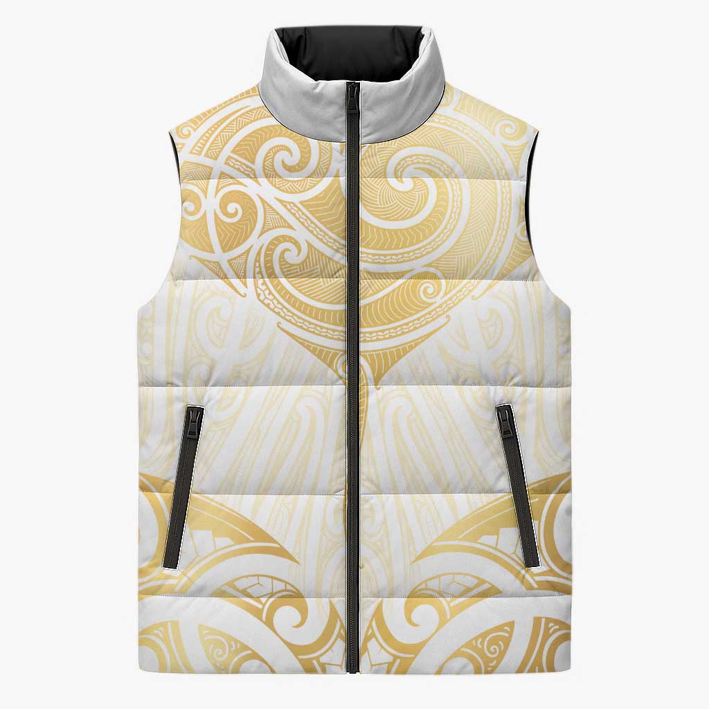Gold White New Zealand Manta Ray Sleeveless Puffer Jacket Aotearoa Maori Haehae - Aussie Hoodie