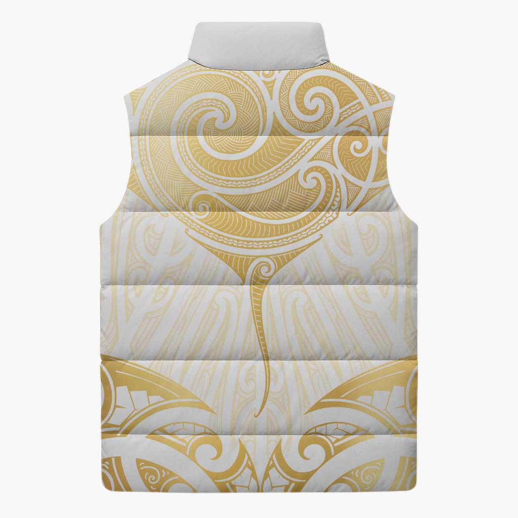 Gold White New Zealand Manta Ray Sleeveless Puffer Jacket Aotearoa Maori Haehae - Aussie Hoodie
