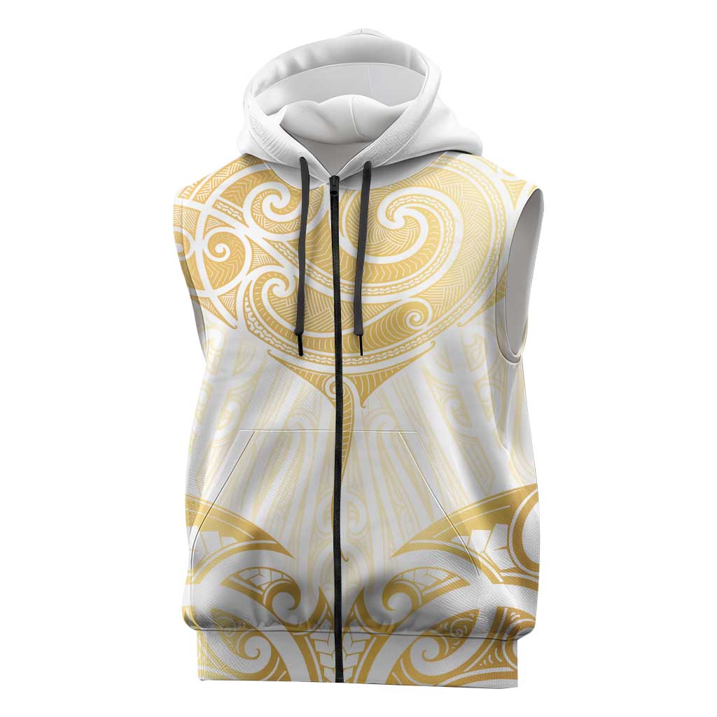 Gold White New Zealand Manta Ray Sleeveless Zip Hoodie Aotearoa Maori Haehae LT14
