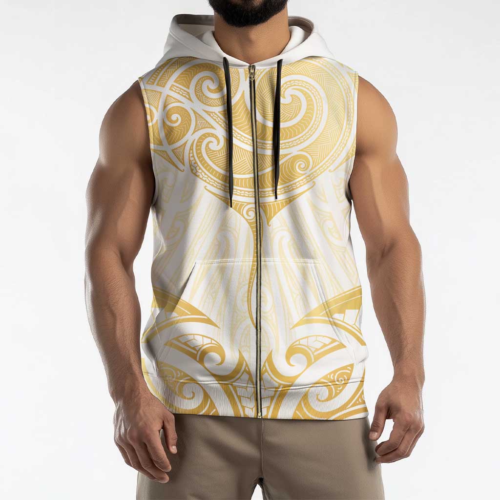 Gold White New Zealand Manta Ray Sleeveless Zip Hoodie Aotearoa Maori Haehae - Aussie Hoodie