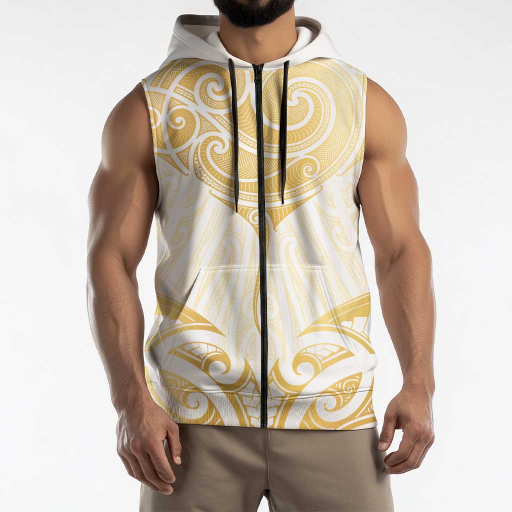 Gold White New Zealand Manta Ray Sleeveless Zip Hoodie Aotearoa Maori Haehae LT14