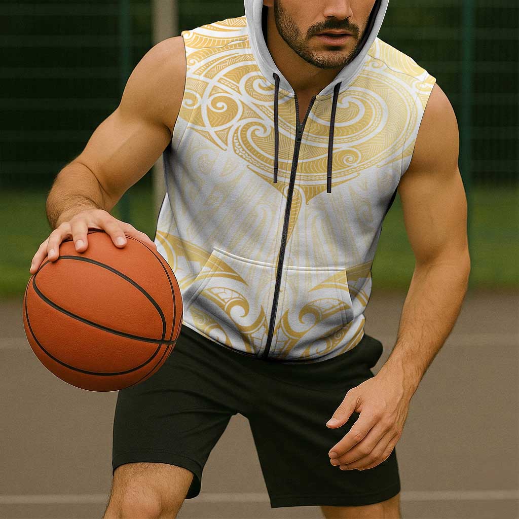 Gold White New Zealand Manta Ray Sleeveless Zip Hoodie Aotearoa Maori Haehae LT14