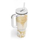Gold White New Zealand Manta Ray Tumbler With Handle Aotearoa Maori Haehae - Aussie Hoodie