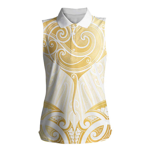 Gold White New Zealand Manta Ray Women Sleeveless Polo Shirt Aotearoa Maori Haehae - Aussie Hoodie