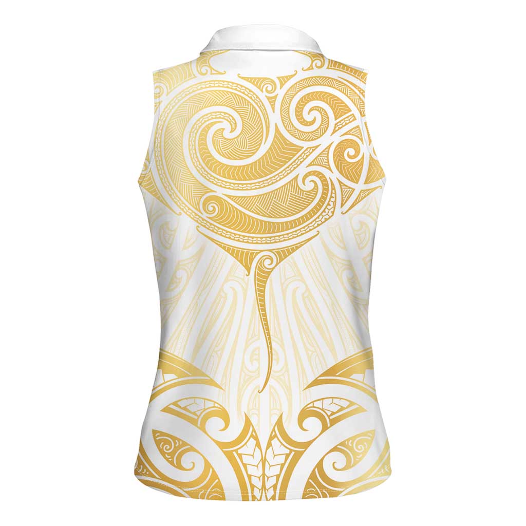 Gold White New Zealand Manta Ray Women Sleeveless Polo Shirt Aotearoa Maori Haehae - Aussie Hoodie