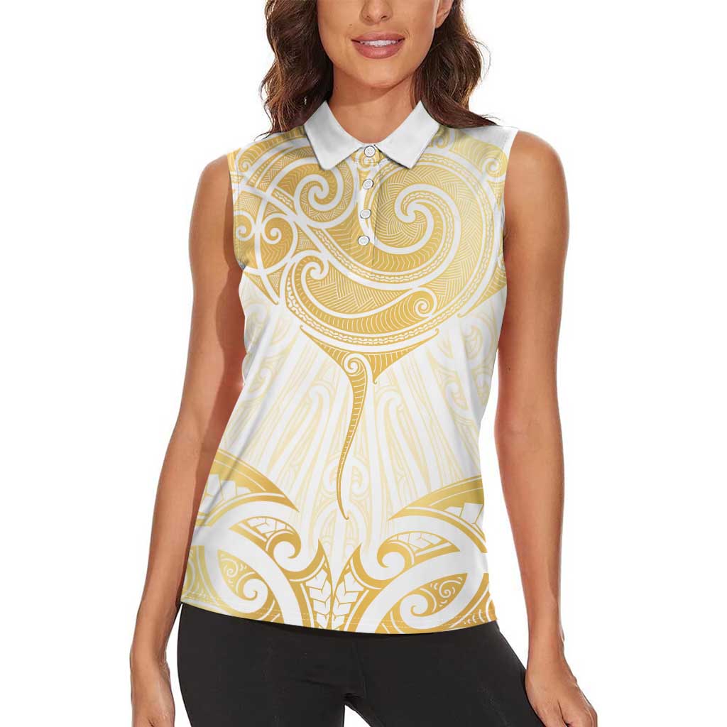 Gold White New Zealand Manta Ray Women Sleeveless Polo Shirt Aotearoa Maori Haehae - Aussie Hoodie