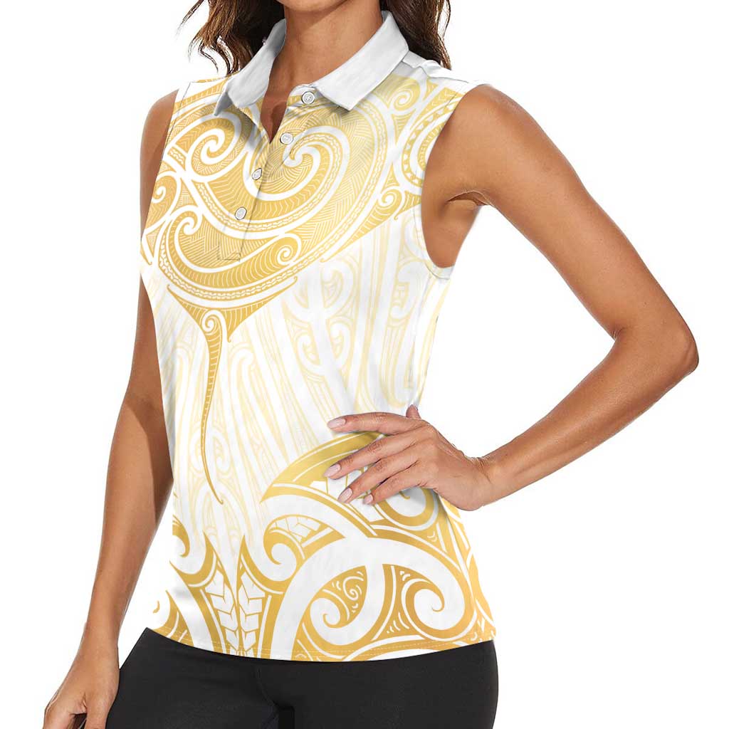 Gold White New Zealand Manta Ray Women Sleeveless Polo Shirt Aotearoa Maori Haehae - Aussie Hoodie