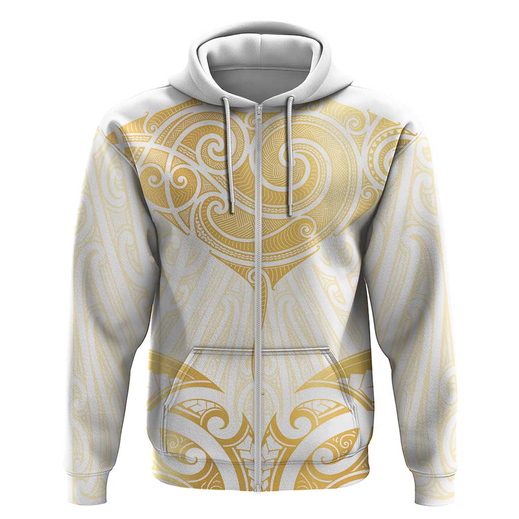 Gold White New Zealand Manta Ray Zip Hoodie Aotearoa Maori Haehae - Aussie Hoodie