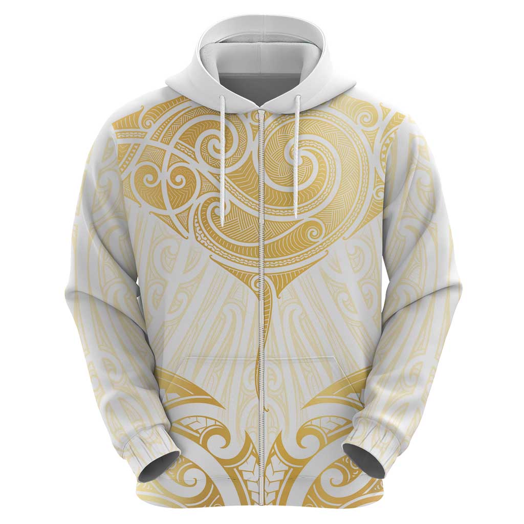 Gold White New Zealand Manta Ray Zip Hoodie Aotearoa Maori Haehae - Aussie Hoodie