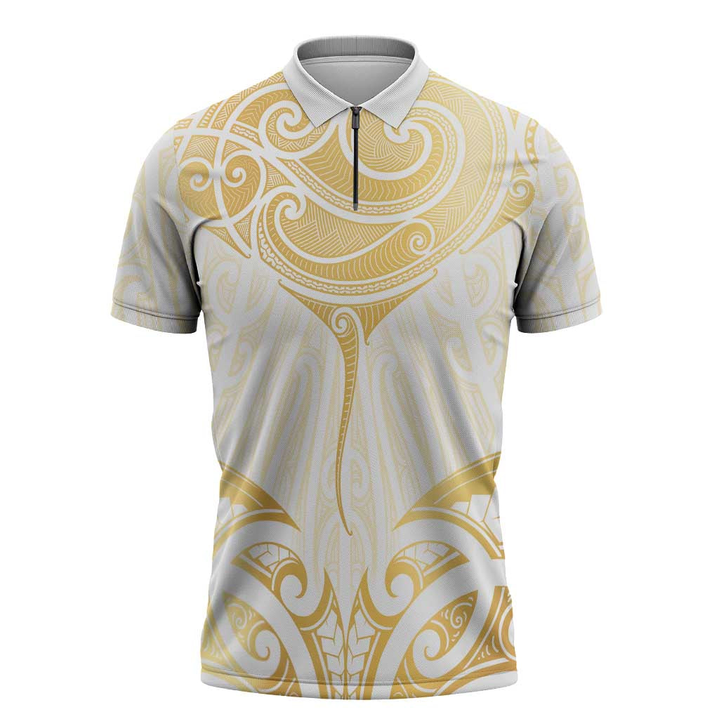 Gold White New Zealand Manta Ray Zipper Polo Shirt Aotearoa Maori Haehae - Aussie Hoodie