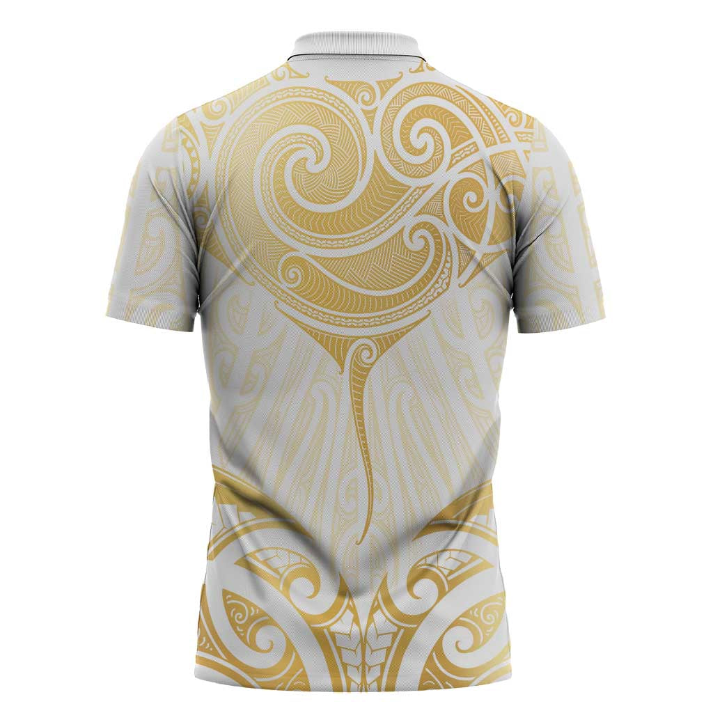 Gold White New Zealand Manta Ray Zipper Polo Shirt Aotearoa Maori Haehae - Aussie Hoodie