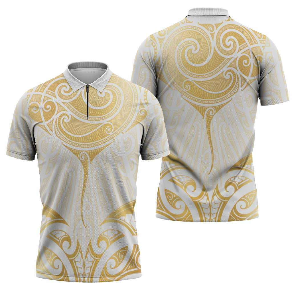 Gold White New Zealand Manta Ray Zipper Polo Shirt Aotearoa Maori Haehae - Aussie Hoodie