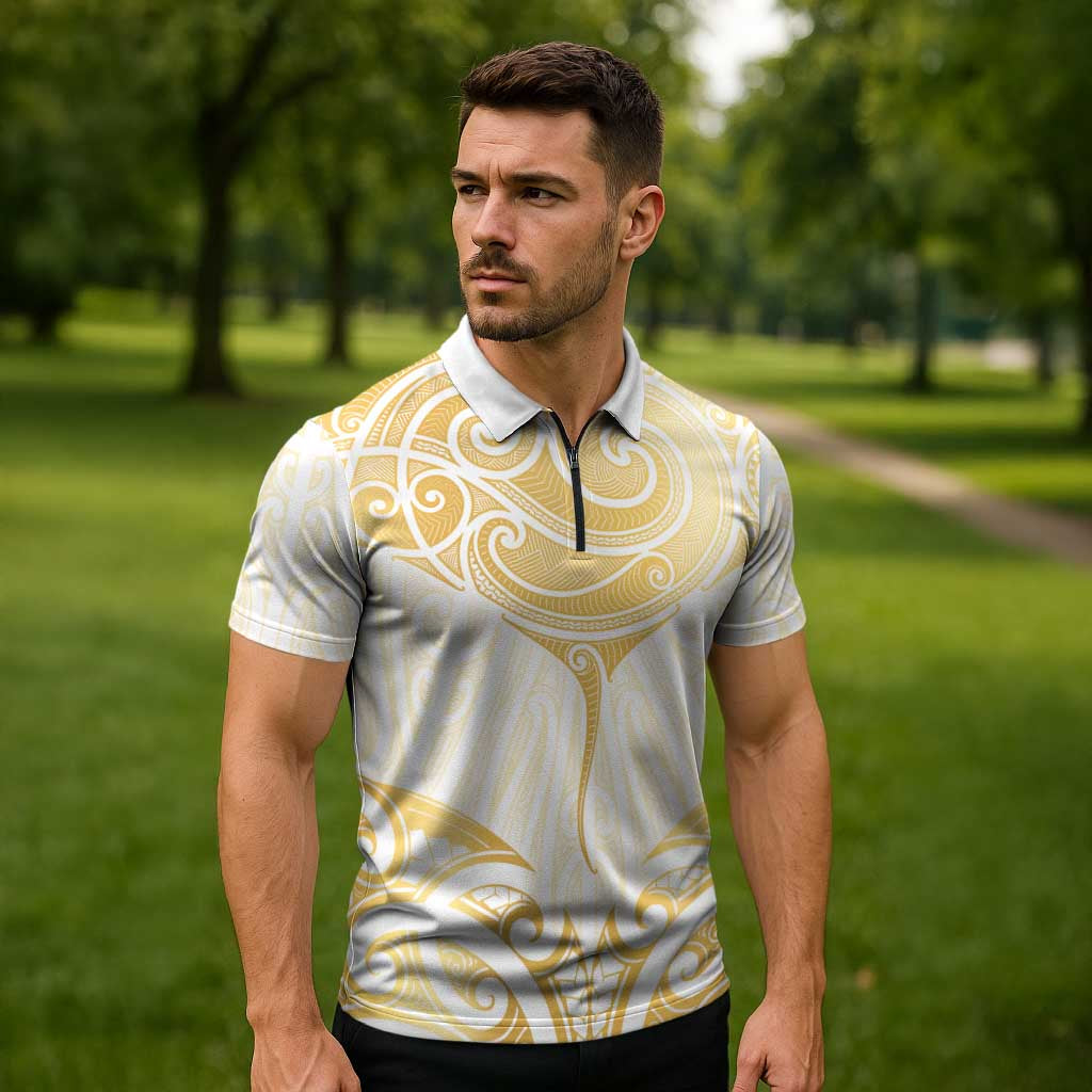 Gold White New Zealand Manta Ray Zipper Polo Shirt Aotearoa Maori Haehae - Aussie Hoodie