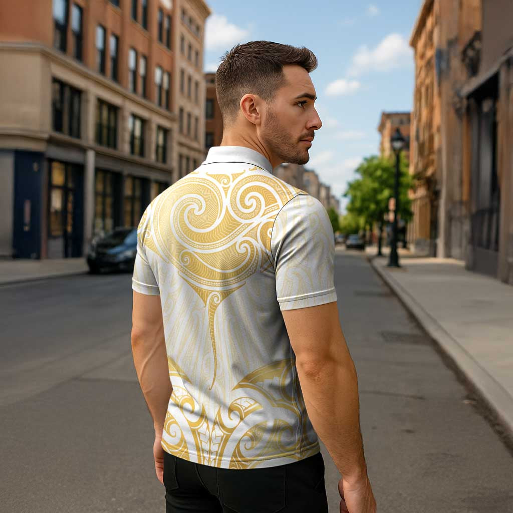 Gold White New Zealand Manta Ray Zipper Polo Shirt Aotearoa Maori Haehae - Aussie Hoodie