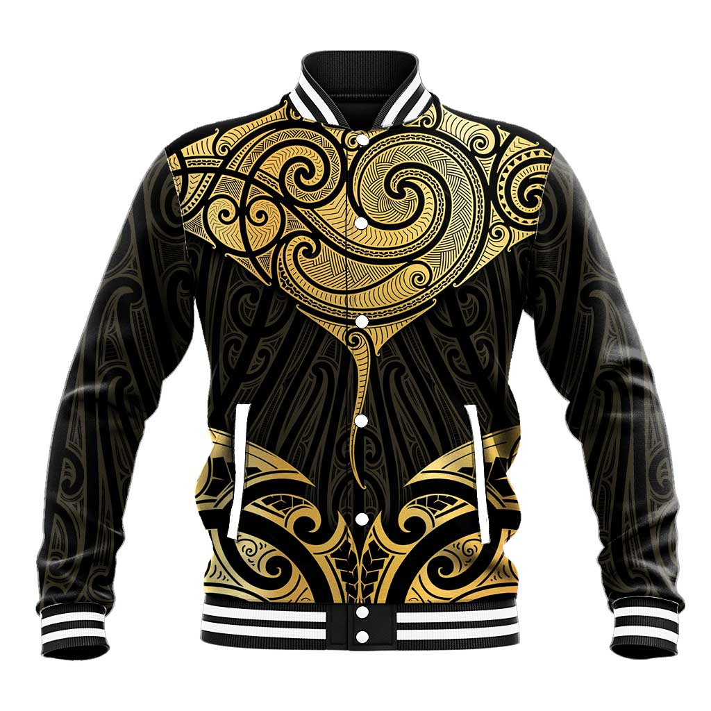 Gold Black New Zealand Manta Ray Baseball Jacket Aotearoa Maori Haehae - Aussie Hoodie