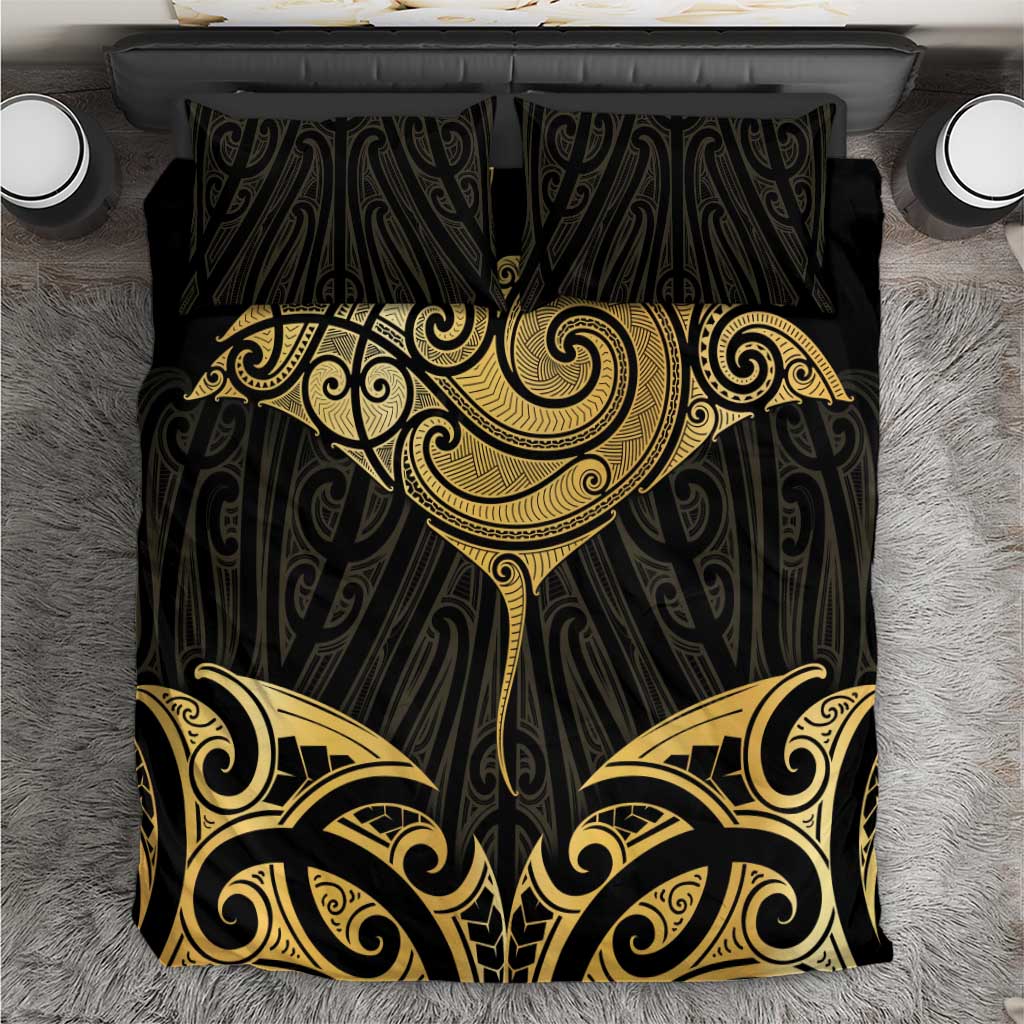 Gold Black New Zealand Manta Ray Bedding Set Aotearoa Maori Haehae - Aussie Hoodie