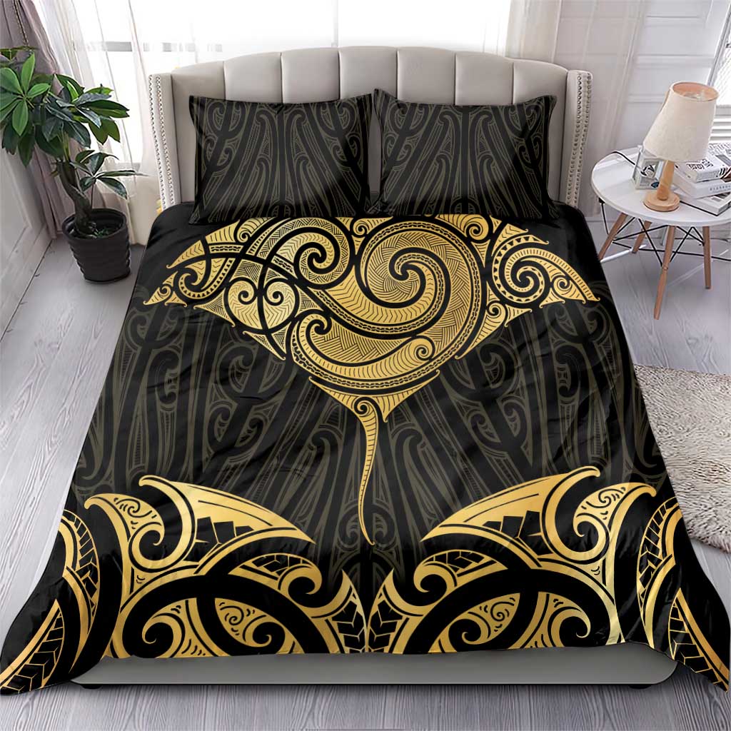 Gold Black New Zealand Manta Ray Bedding Set Aotearoa Maori Haehae - Aussie Hoodie