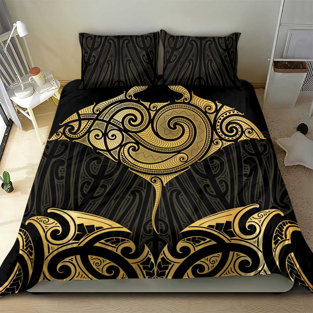 Gold Black New Zealand Manta Ray Bedding Set Aotearoa Maori Haehae - Aussie Hoodie