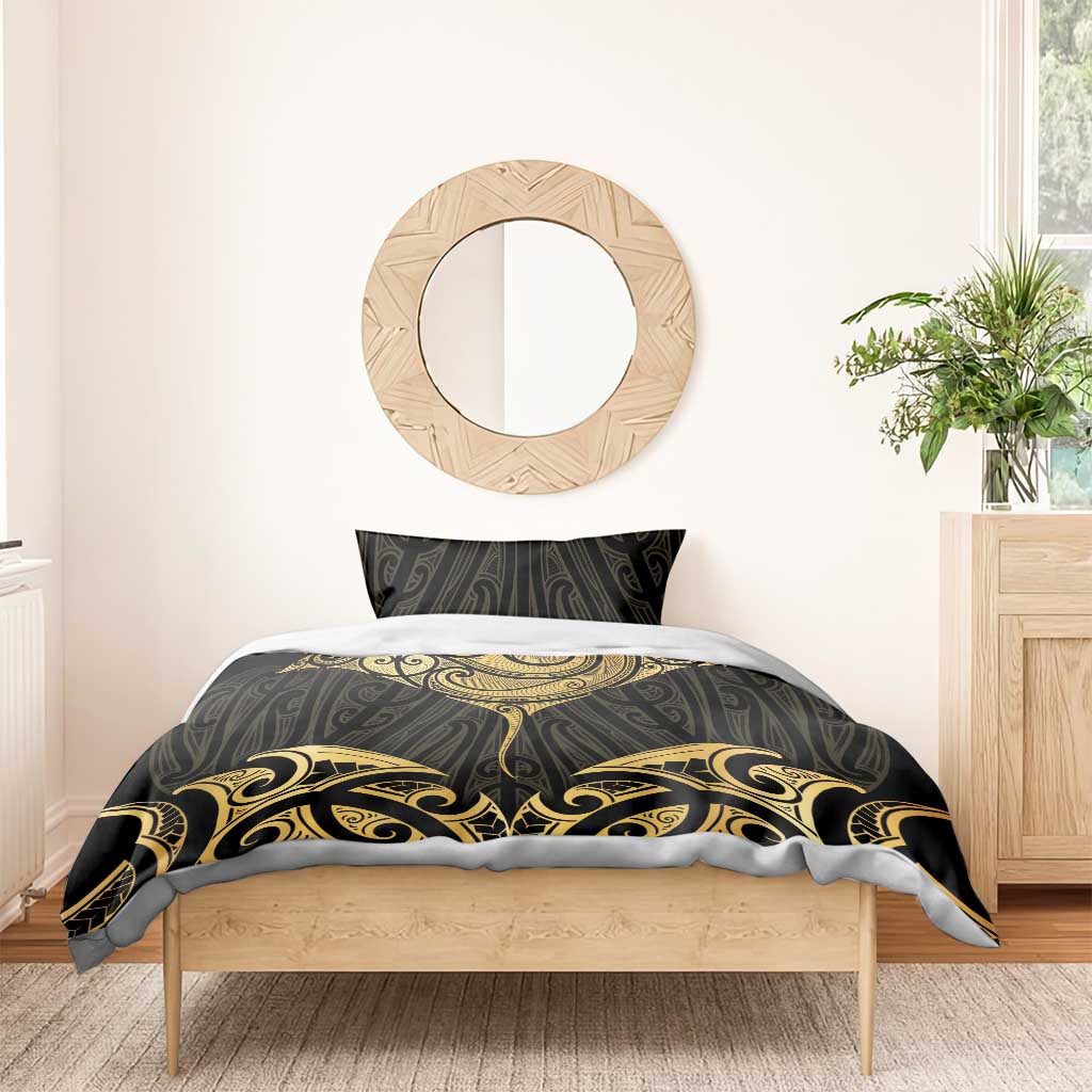 Gold Black New Zealand Manta Ray Bedding Set Aotearoa Maori Haehae - Aussie Hoodie