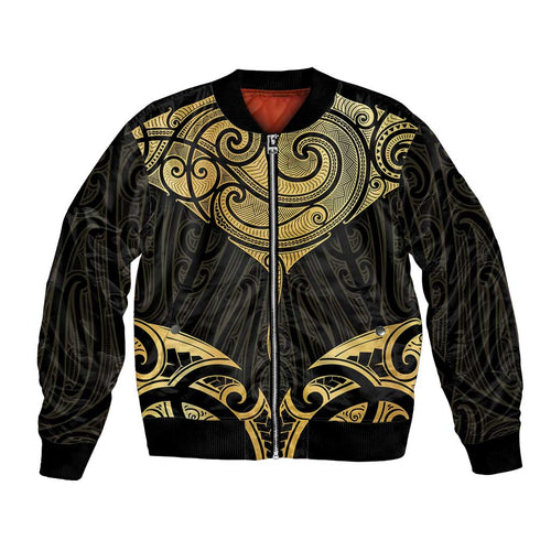 Gold Black New Zealand Manta Ray Bomber Jacket Aotearoa Maori Haehae - Aussie Hoodie