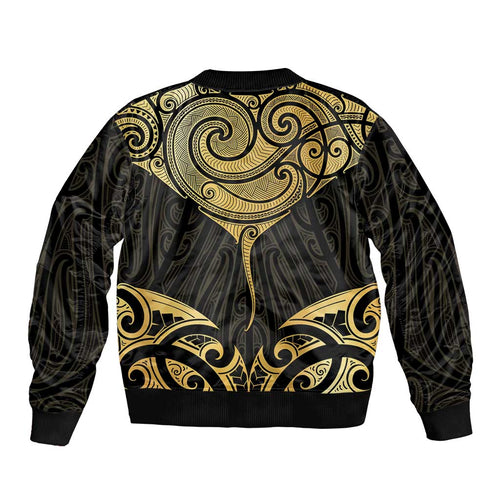 Gold Black New Zealand Manta Ray Bomber Jacket Aotearoa Maori Haehae - Aussie Hoodie