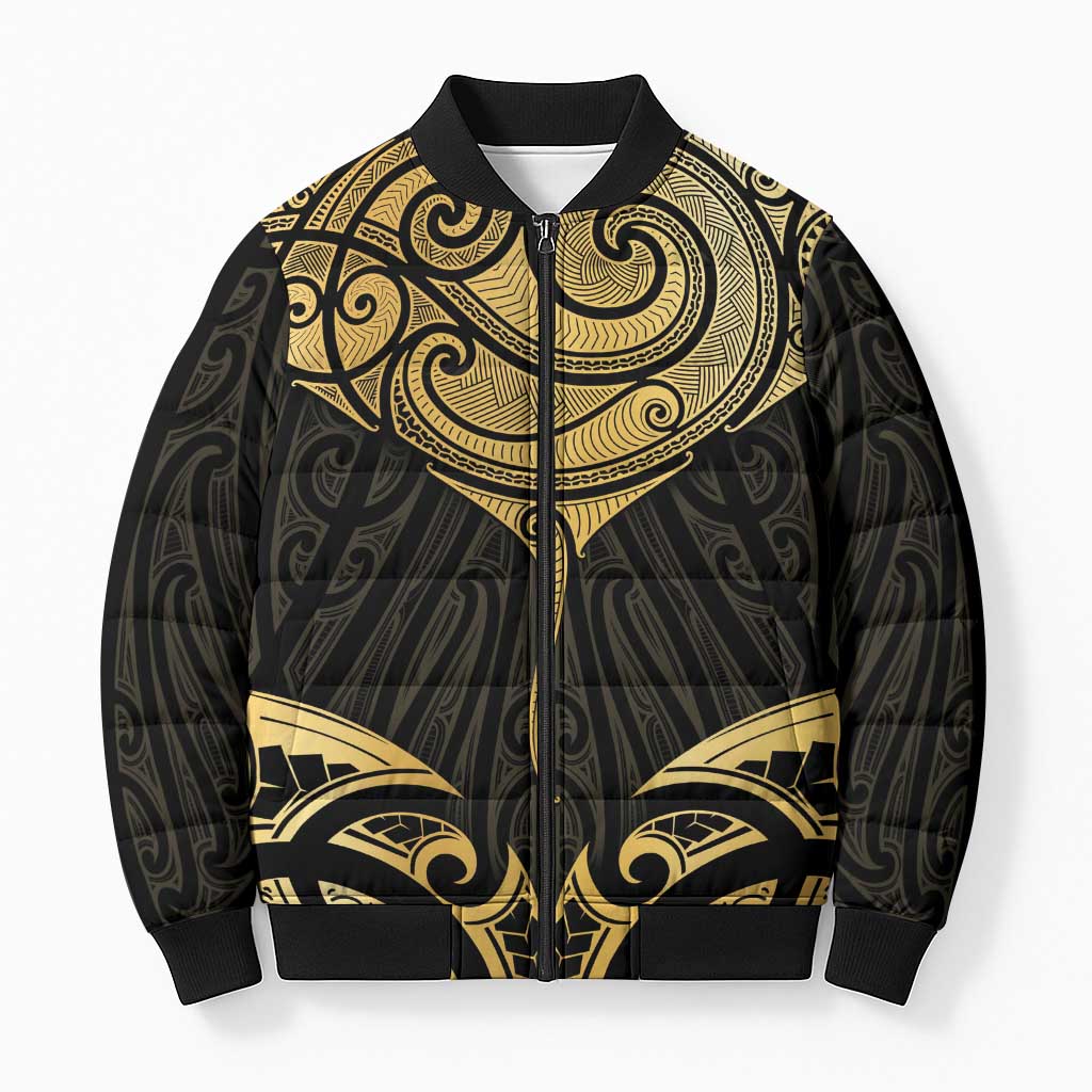 Gold Black New Zealand Manta Ray Bomber Puffer Jacket Aotearoa Maori Haehae - Aussie Hoodie