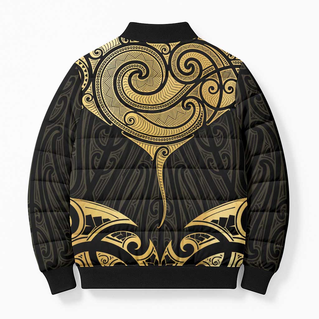 Gold Black New Zealand Manta Ray Bomber Puffer Jacket Aotearoa Maori Haehae - Aussie Hoodie