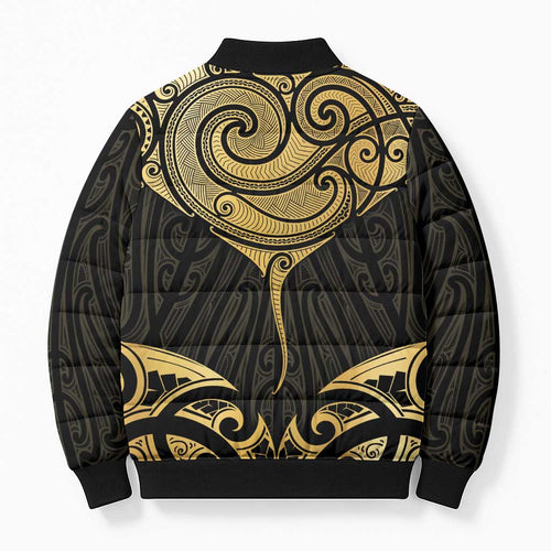 Gold Black New Zealand Manta Ray Bomber Puffer Jacket Aotearoa Maori Haehae - Aussie Hoodie