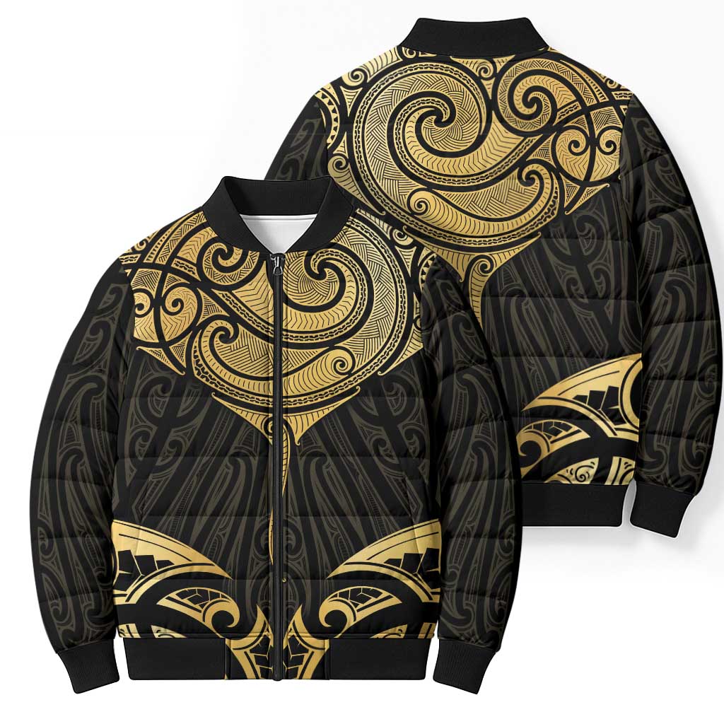 Gold Black New Zealand Manta Ray Bomber Puffer Jacket Aotearoa Maori Haehae - Aussie Hoodie