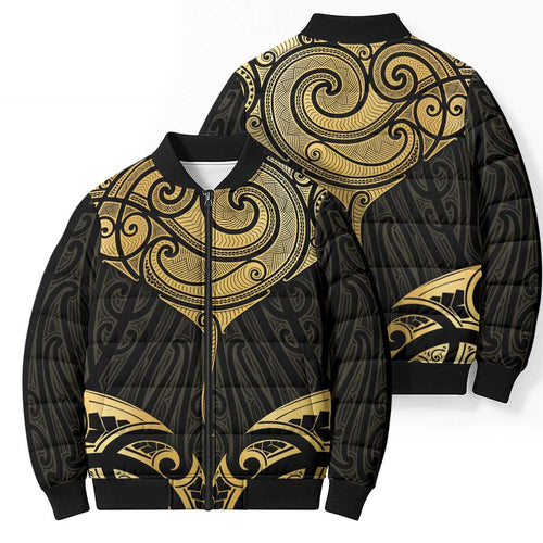 Gold Black New Zealand Manta Ray Bomber Puffer Jacket Aotearoa Maori Haehae - Aussie Hoodie