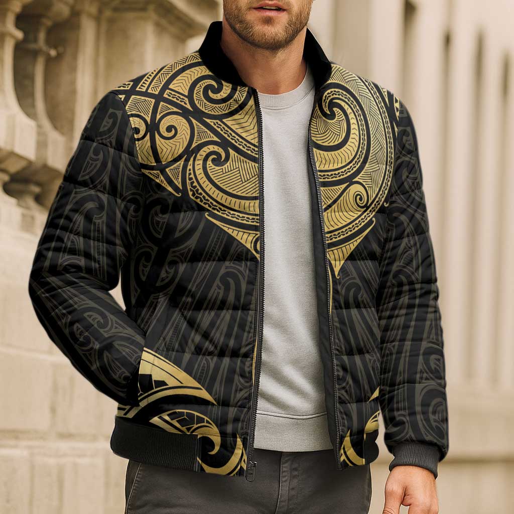 Gold Black New Zealand Manta Ray Bomber Puffer Jacket Aotearoa Maori Haehae - Aussie Hoodie