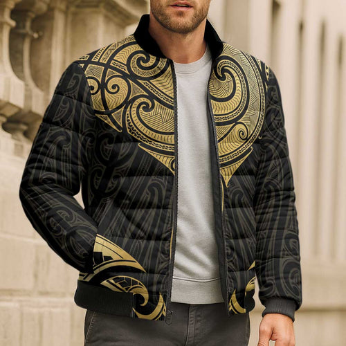 Gold Black New Zealand Manta Ray Bomber Puffer Jacket Aotearoa Maori Haehae - Aussie Hoodie