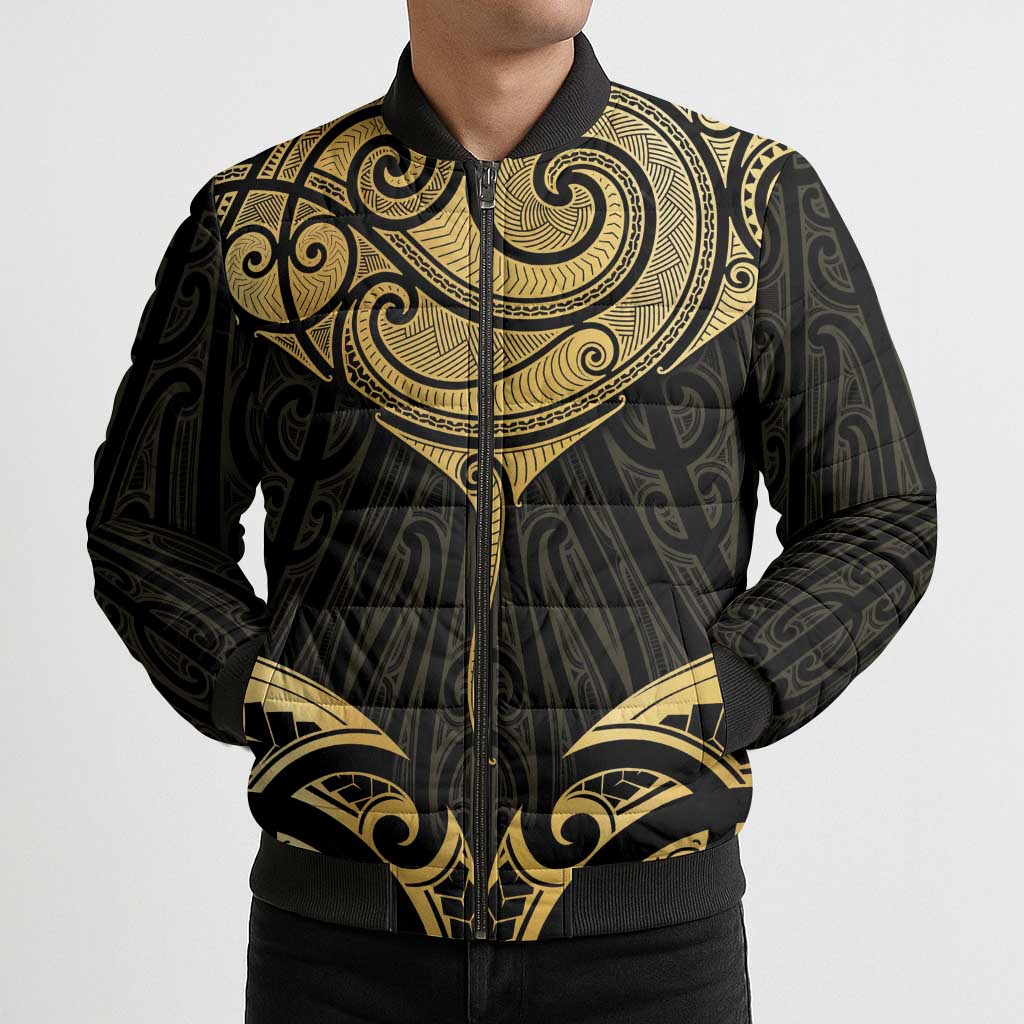 Gold Black New Zealand Manta Ray Bomber Puffer Jacket Aotearoa Maori Haehae - Aussie Hoodie