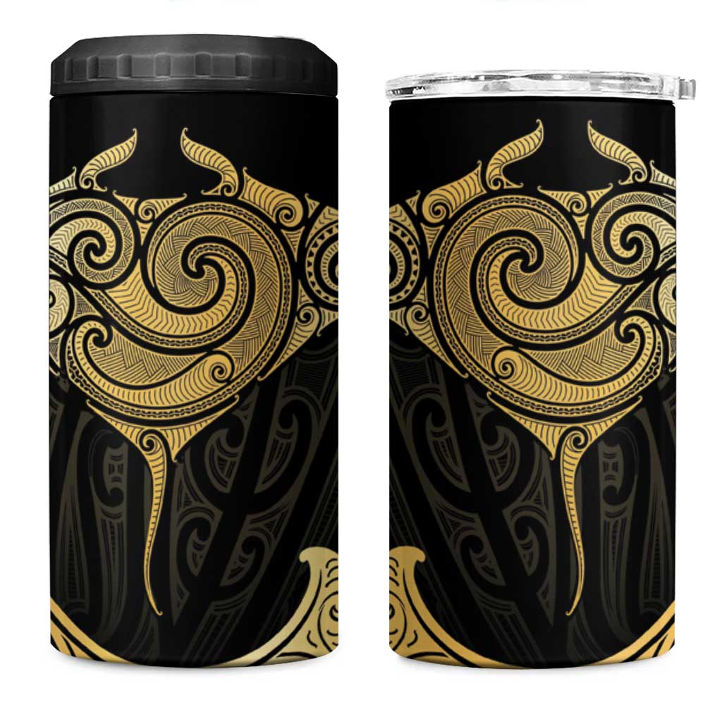 Gold Black New Zealand Manta Ray 4 in 1 Can Cooler Tumbler Aotearoa Maori Haehae - Aussie Hoodie