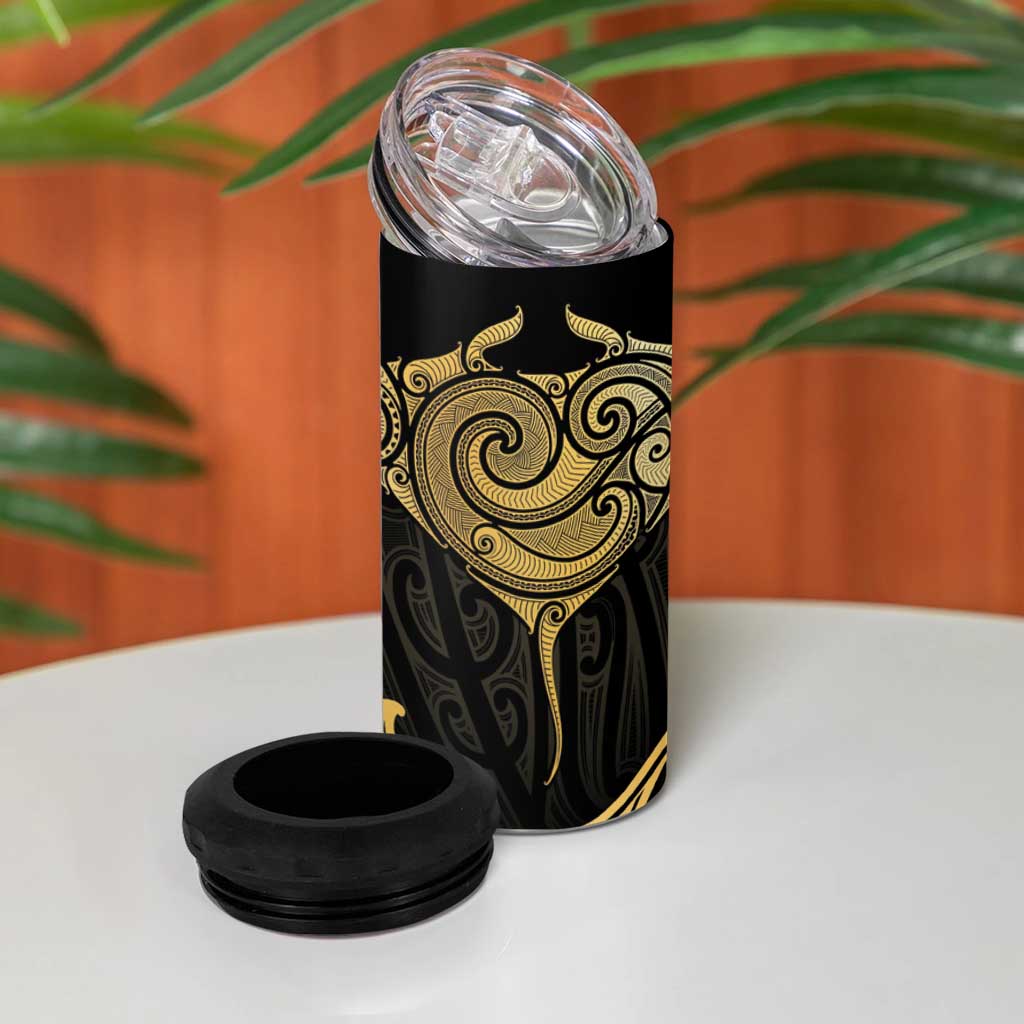 Gold Black New Zealand Manta Ray 4 in 1 Can Cooler Tumbler Aotearoa Maori Haehae - Aussie Hoodie