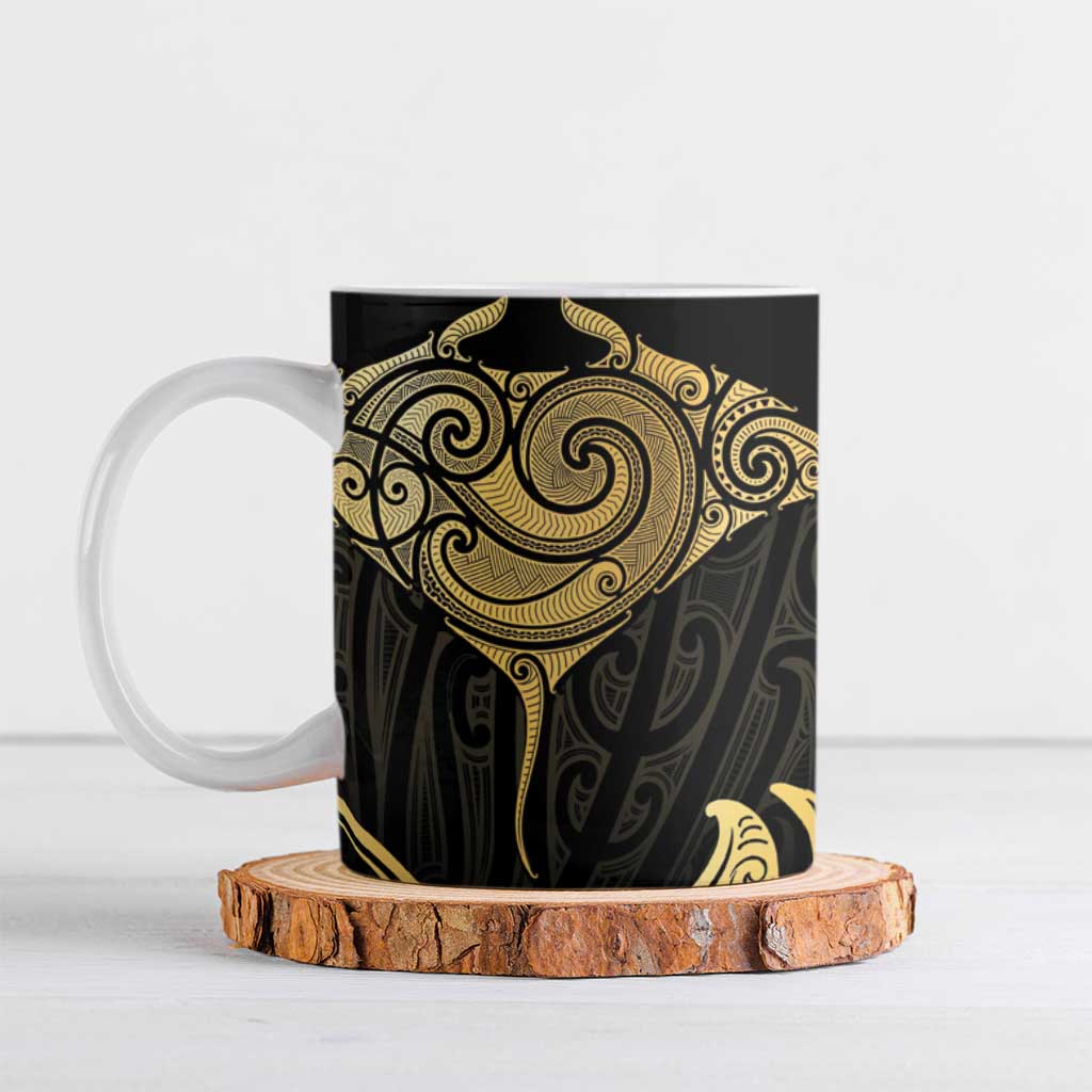 Gold Black New Zealand Manta Ray Ceramic Mug Aotearoa Maori Haehae - Aussie Hoodie