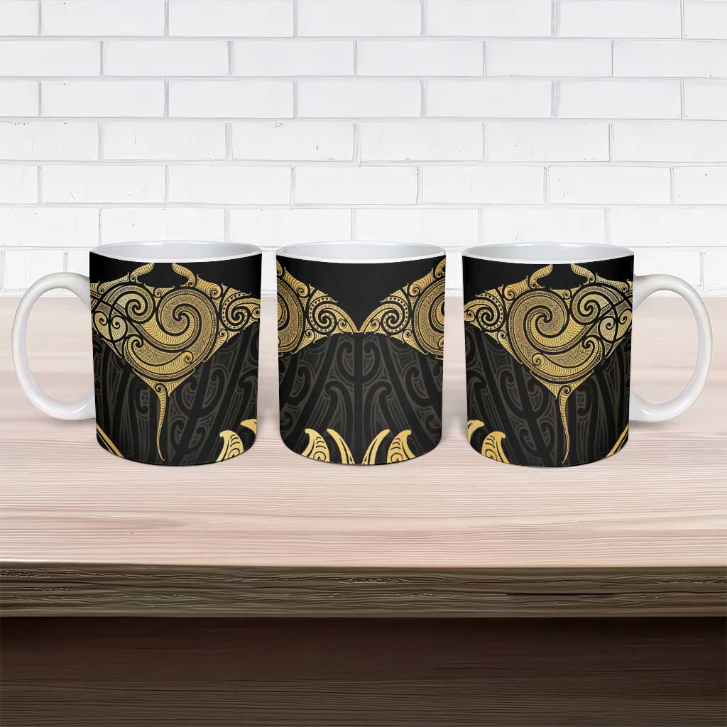 Gold Black New Zealand Manta Ray Ceramic Mug Aotearoa Maori Haehae - Aussie Hoodie