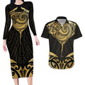 Gold Black New Zealand Manta Ray Couples Matching Long Sleeve Bodycon Dress and Hawaiian Shirt Aotearoa Maori Haehae - Aussie Hoodie
