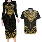 Gold Black New Zealand Manta Ray Couples Matching Long Sleeve Bodycon Dress and Hawaiian Shirt Aotearoa Maori Haehae - Aussie Hoodie