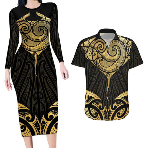 Gold Black New Zealand Manta Ray Couples Matching Long Sleeve Bodycon Dress and Hawaiian Shirt Aotearoa Maori Haehae - Aussie Hoodie