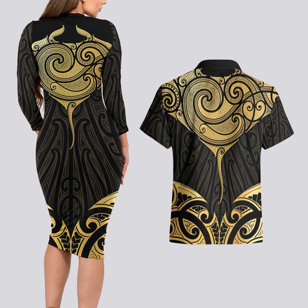 Gold Black New Zealand Manta Ray Couples Matching Long Sleeve Bodycon Dress and Hawaiian Shirt Aotearoa Maori Haehae - Aussie Hoodie