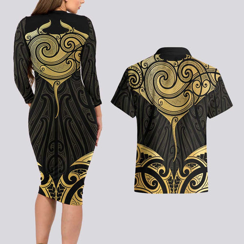 Gold Black New Zealand Manta Ray Couples Matching Long Sleeve Bodycon Dress and Hawaiian Shirt Aotearoa Maori Haehae - Aussie Hoodie