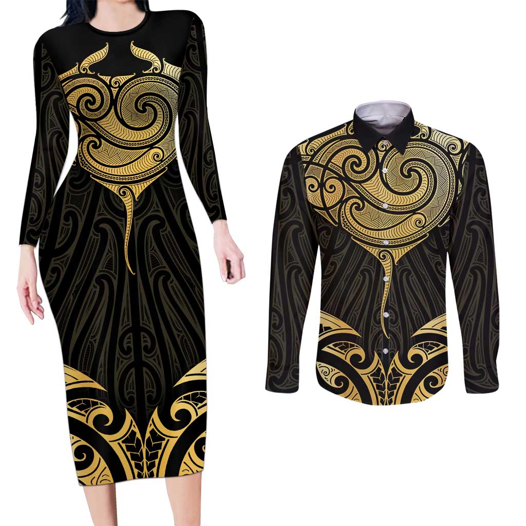 Gold Black New Zealand Manta Ray Couples Matching Long Sleeve Bodycon Dress and Long Sleeve Button Shirt Aotearoa Maori Haehae - Aussie Hoodie