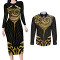 Gold Black New Zealand Manta Ray Couples Matching Long Sleeve Bodycon Dress and Long Sleeve Button Shirt Aotearoa Maori Haehae - Aussie Hoodie