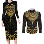 Gold Black New Zealand Manta Ray Couples Matching Long Sleeve Bodycon Dress and Long Sleeve Button Shirt Aotearoa Maori Haehae - Aussie Hoodie