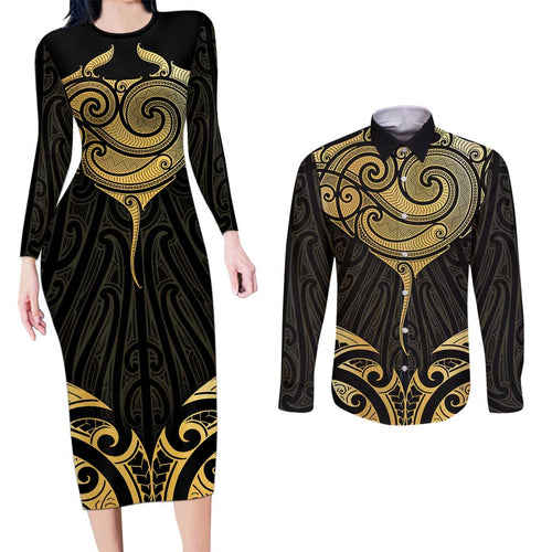 Gold Black New Zealand Manta Ray Couples Matching Long Sleeve Bodycon Dress and Long Sleeve Button Shirt Aotearoa Maori Haehae - Aussie Hoodie