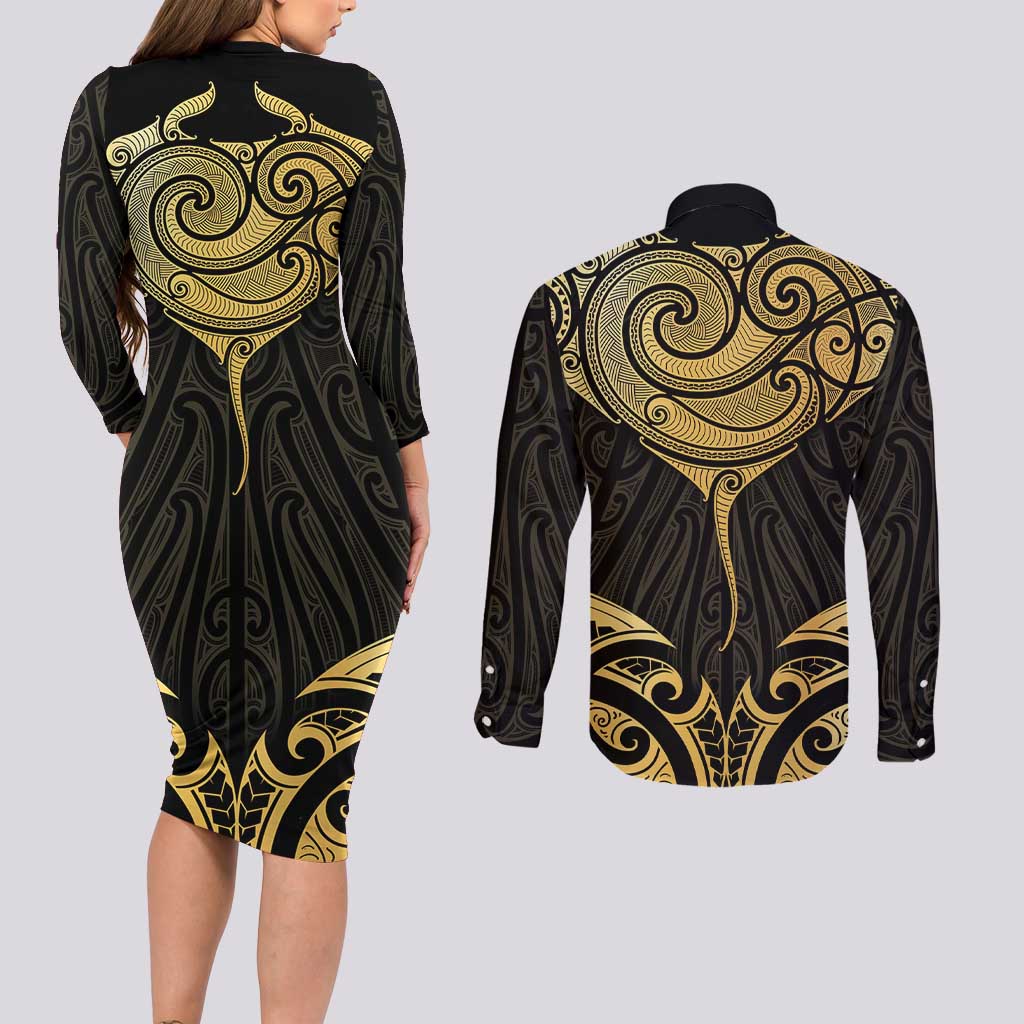 Gold Black New Zealand Manta Ray Couples Matching Long Sleeve Bodycon Dress and Long Sleeve Button Shirt Aotearoa Maori Haehae - Aussie Hoodie