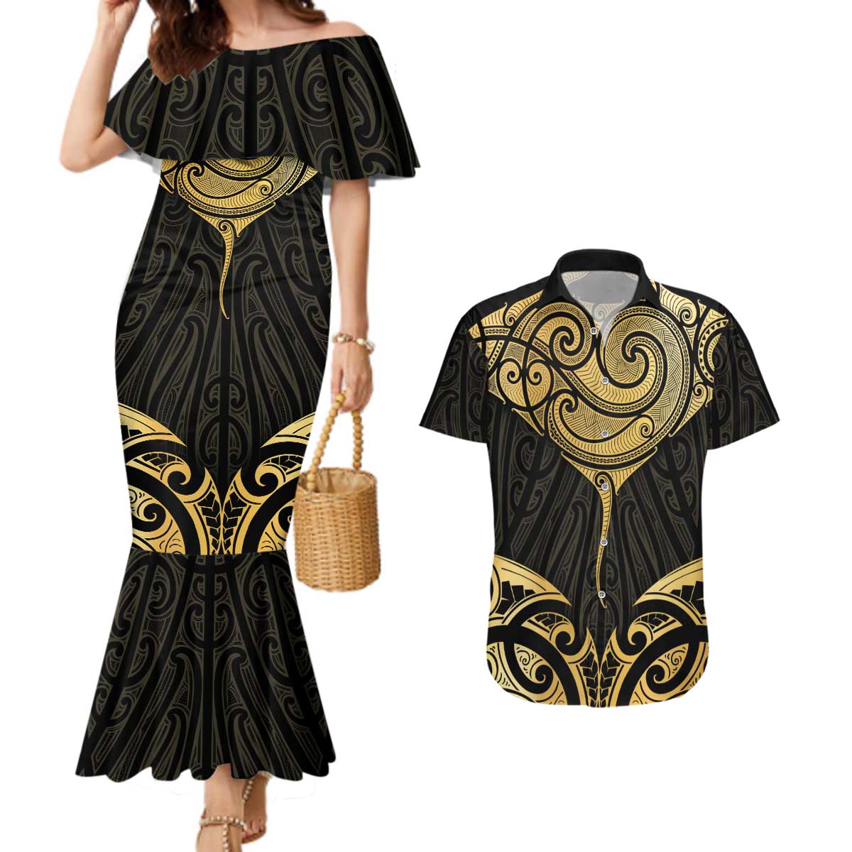 Gold Black New Zealand Manta Ray Couples Matching Mermaid Dress and Hawaiian Shirt Aotearoa Maori Haehae - Aussie Hoodie